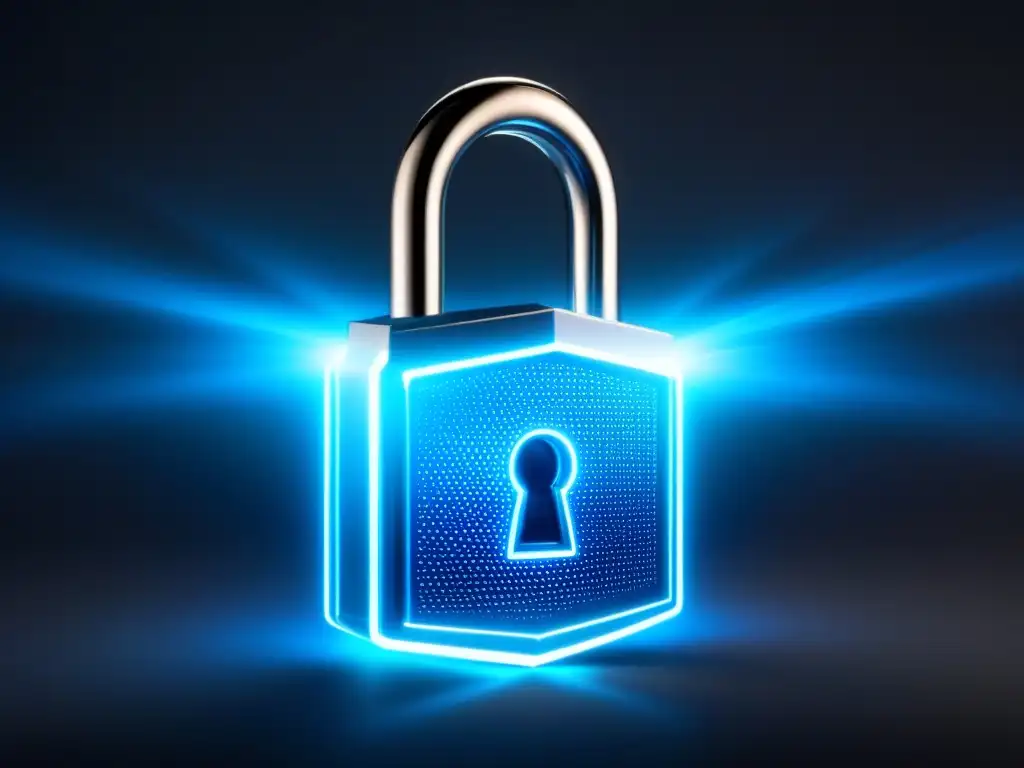 Seguridad inmobiliaria: candado digital futurista en código binario azul Un candado digital futurista formado por códigos binarios interconectados, brillando en azul sobre fondo oscuro, simbolizando tecnología de seguridad de vanguardia en transacciones inmobiliarias Fintech