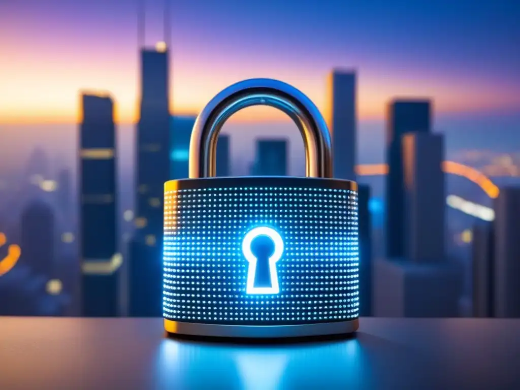 Padlock digital futurista para financiamiento inmobiliario Un candado digital futurista formado por código binario brillante, simbolizando seguridad en pagos online financiamiento con tecnología avanzada