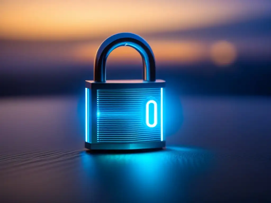 Candado digital futurista para contratos inmobiliarios Un candado digital futurista iluminado en azul, simbolizando la protección avanzada de datos en contratos inmobiliarios