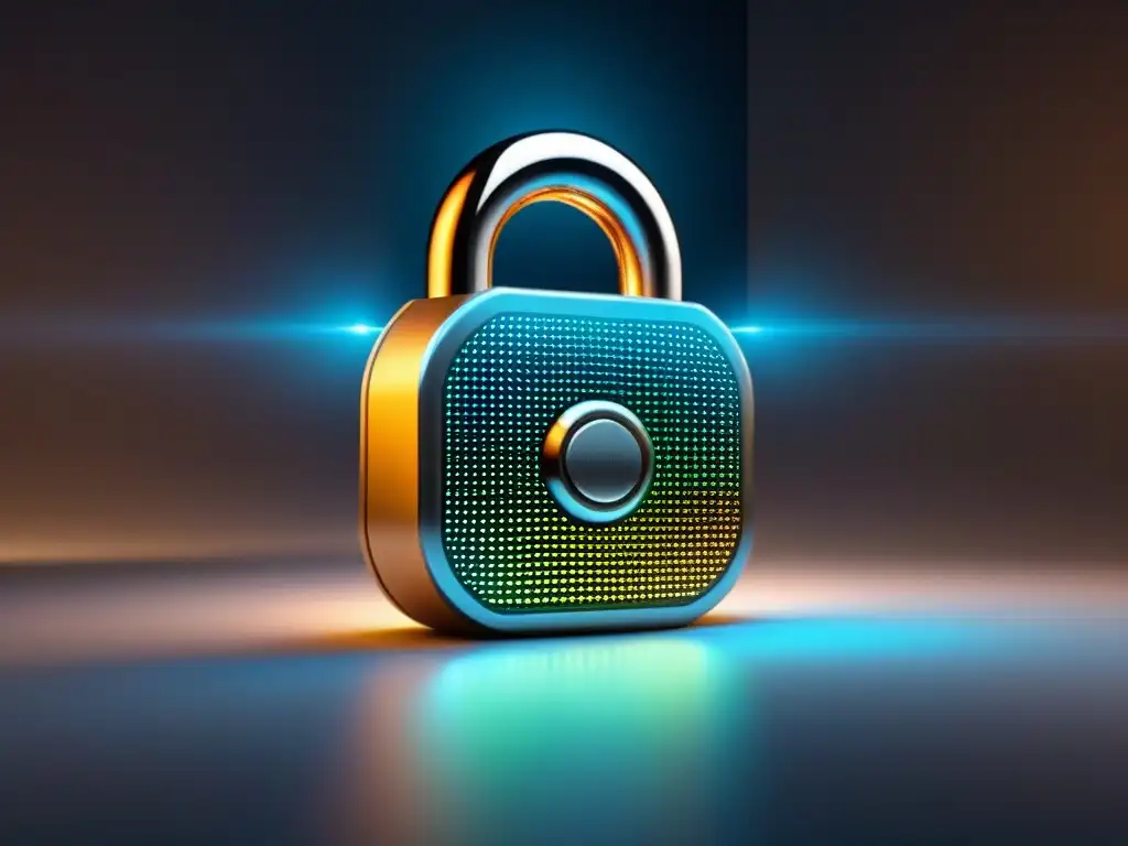 Resplandeciente candado digital futurista para préstamos inmobiliarios Un candado digital futurista brilla con intrincados patrones de circuitos, simbolizando medidas avanzadas de seguridad en automatización de préstamos inmobiliarios