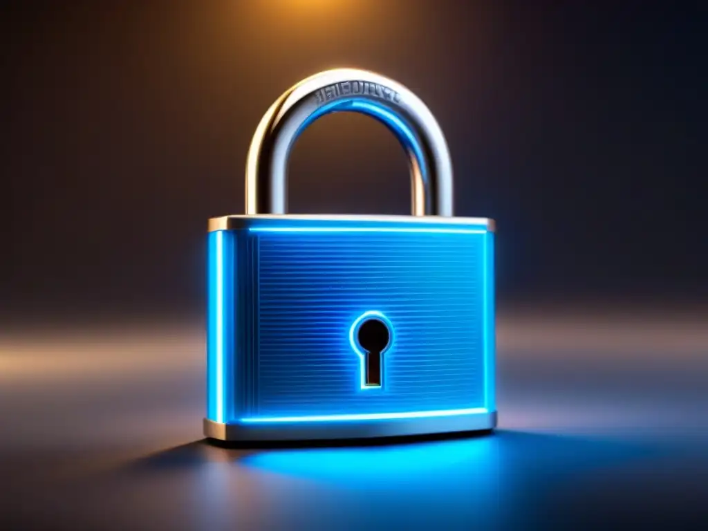 Padlock digital futurista para protección de datos inmobiliarios Candado digital futurista con patrones de circuitos brillantes en azul, en fondo oscuro