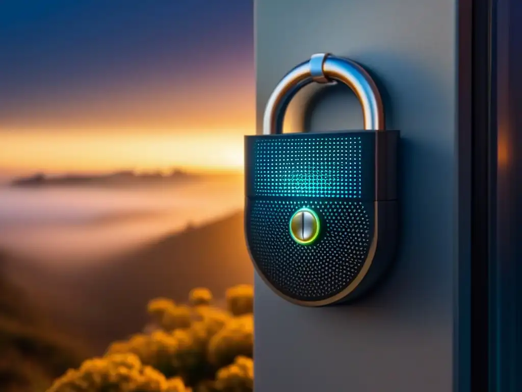 Cerradura digital futurista para transacciones inmobiliarias seguras Un candado digital futurista con patrones intrincados y números brillantes, simbolizando la protección de datos en inmuebles