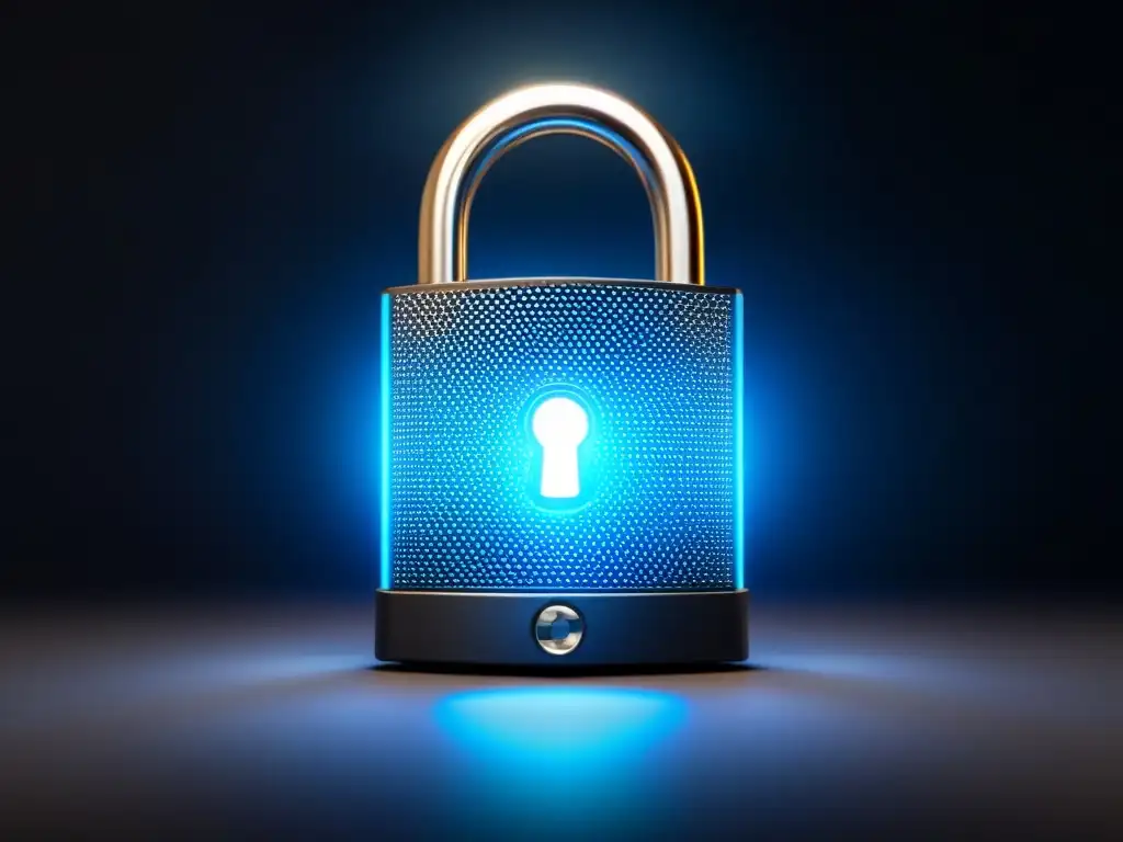 Candado digital futurista para financiamiento inmobiliario seguro Un candado digital futurista con patrones de circuitos interconectados brillando en azul intenso sobre fondo negro, simbolizando la avanzada seguridad financiamiento inmobiliario online
