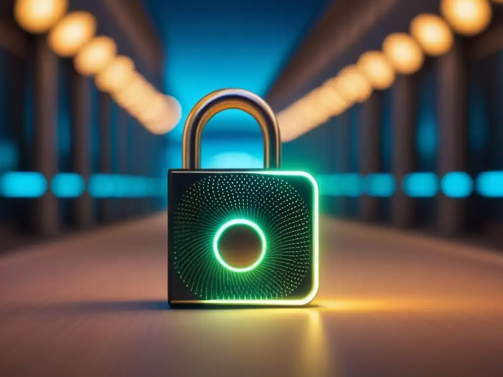 Seguridad digital avanzada en financiamiento inmobiliario online Un candado digital futurista con patrones intrincados y luces brillantes, simbolizando medidas avanzadas de seguridad en el financiamiento inmobiliario online
