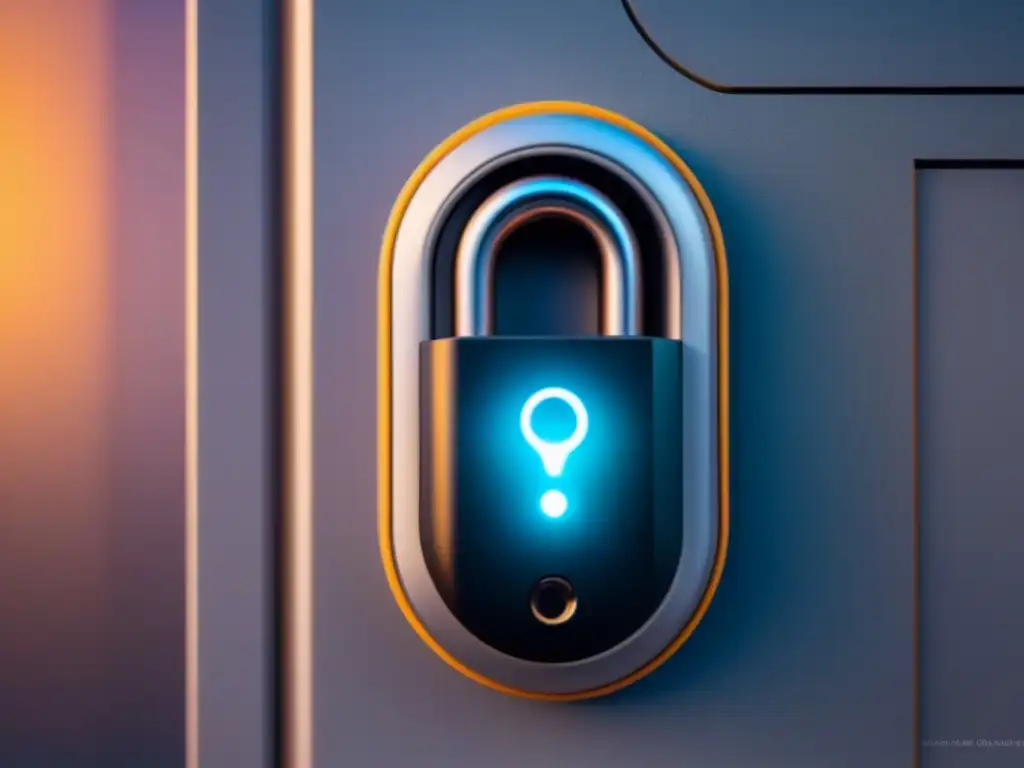 Lock digital futurista con símbolos de encriptación brillantes Un candado digital futurista con patrones intrincados y símbolos de cifrado brillantes en un fondo tecnológico, representando la seguridad en transacciones inmobiliarias