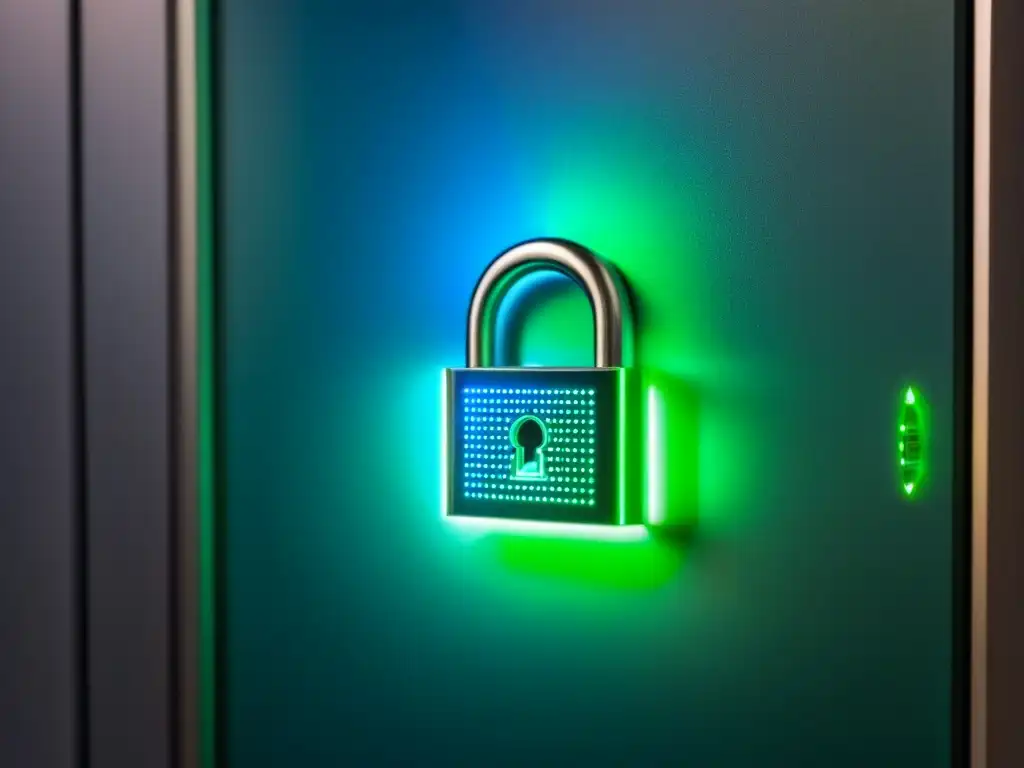Seguridad inmobiliaria: candado digital futurista en tonos neón Un candado digital futurista con patrones intrincados en tonos azul y verde neón, rodeado de códigos binarios y candados digitales
