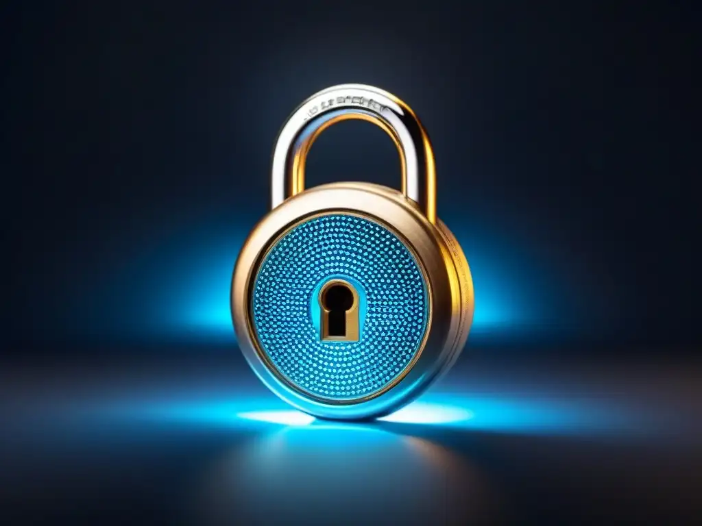 Padlock futurista: seguridad en transacciones inmobiliarias Un candado digital futurista con patrones geométricos, iluminado en azul contra un fondo oscuro, simbolizando seguridad en transacciones inmobiliarias