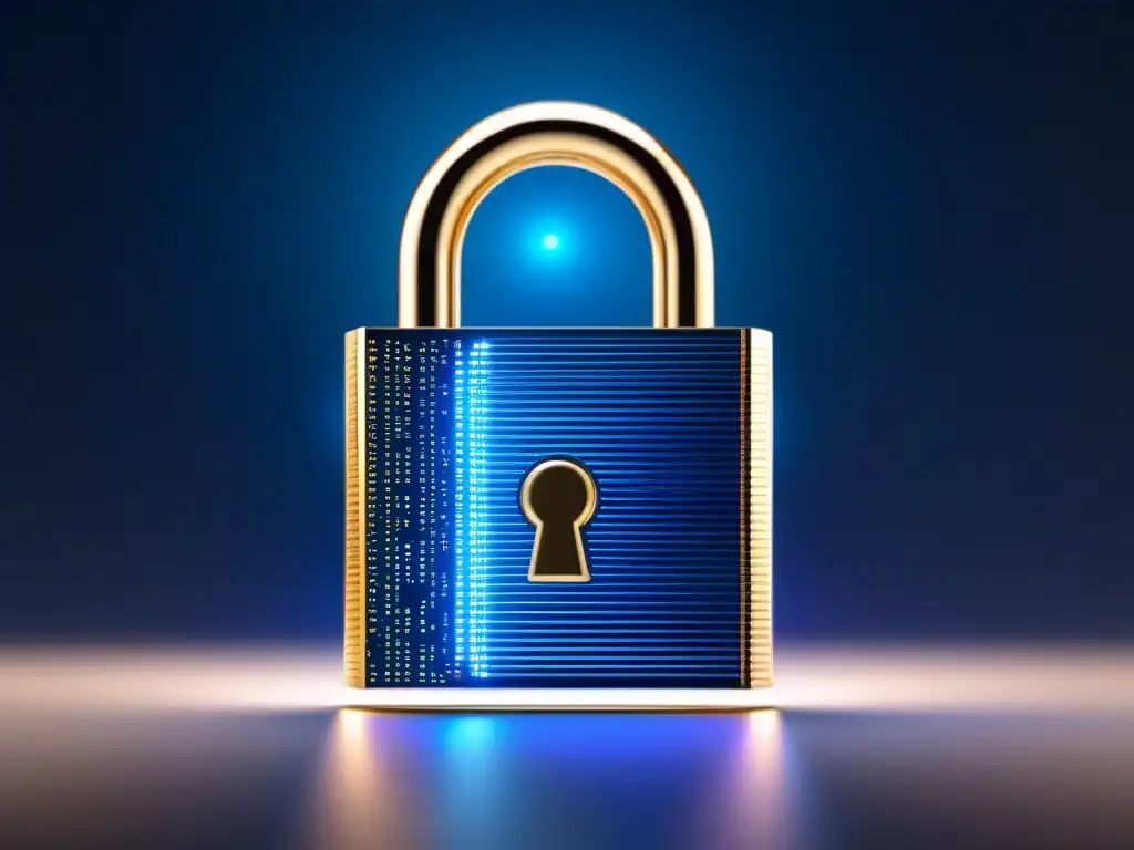 Padlock digital futurista para transacciones inmobiliarias seguras Un candado digital futurista con patrones de circuitos brillantes y líneas resplandecientes, rodeado de partículas digitales