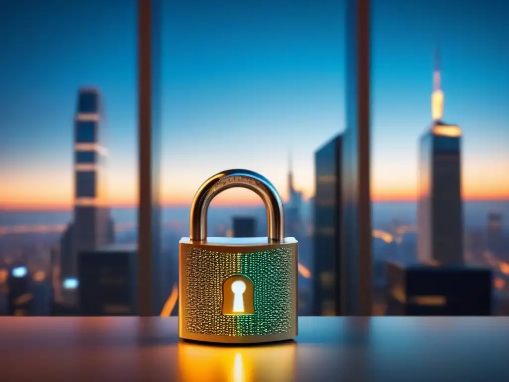 Candado digital futurista: código y seguridad inmobiliaria Un candado digital futurista con patrones geométricos, líneas de código brillantes y una oficina minimalista con vista nocturna de la ciudad