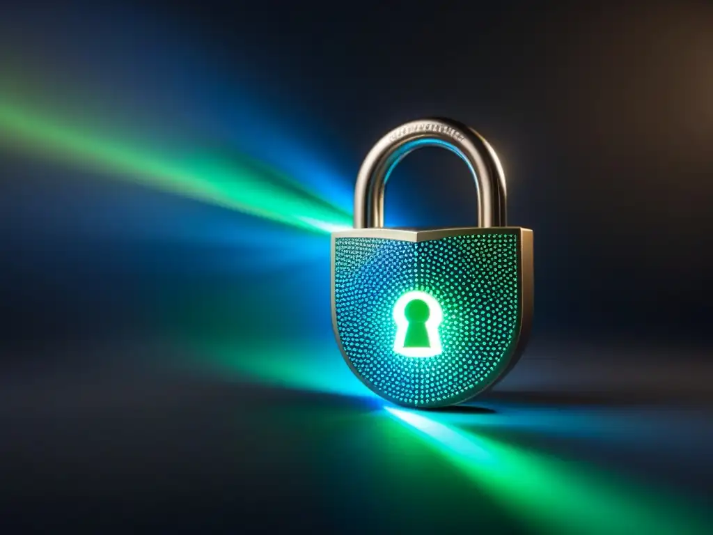Candado digital futurista en código binario azul y verde sobre fondo negro Candado digital con patrones geométricos encriptados en azul y verde sobre fondo negro, simbolizando seguridad en financiamiento inmobiliario