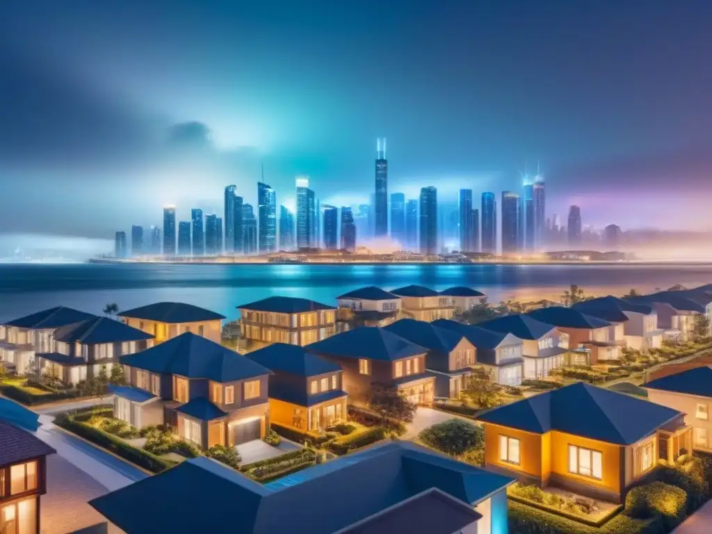 Portafolio inmobiliario diverso en holograma 8k Una cartera diversificada de propiedades inmobiliarias en interfaz holográfica futurista