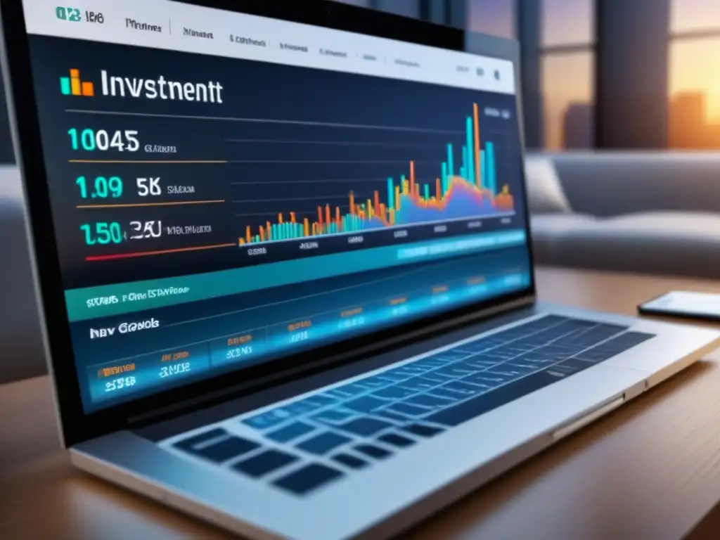 Diversificación de cartera de inversión: 8k detallado Una cartera de inversión diversificada en bienes raíces, acciones y bonos, en una interfaz digital moderna con gráficos detallados