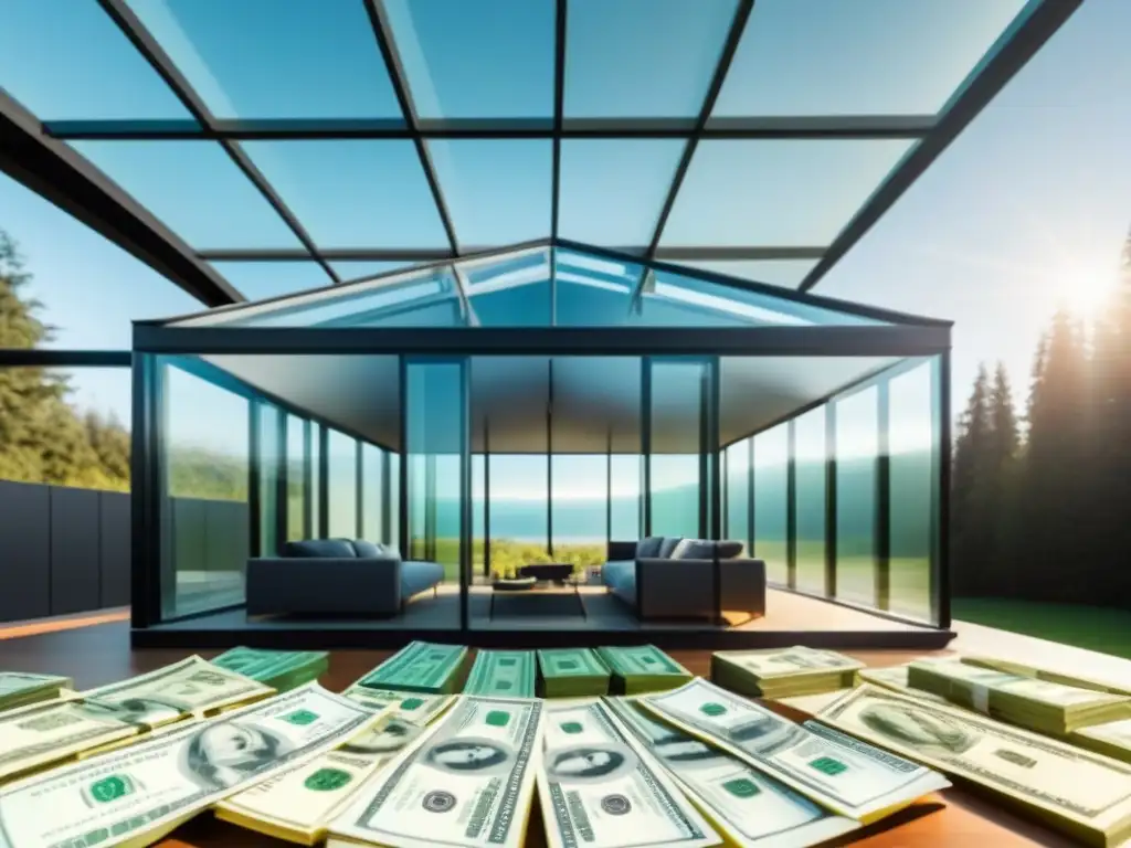 Casa de cristal rodeada de dinero: transparencia financiera Casa de cristal rodeada de dinero, simbolizando transparencia en financiamiento inmobiliario