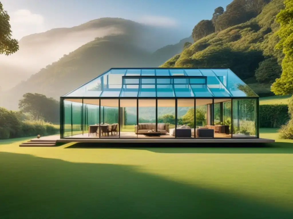 Casa de cristal: transparencia en transacciones inmobiliarias Una casa de cristal transparente en medio de un paisaje verde exuberante, simbolizando la transparencia en transacciones inmobiliarias e inversión