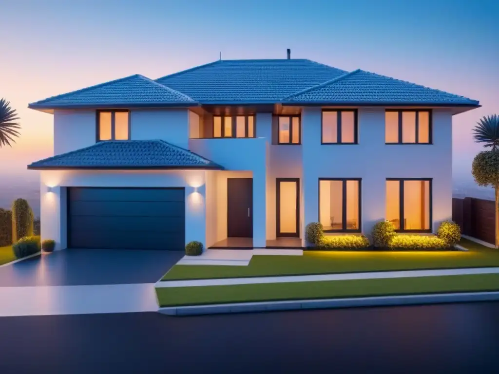 Hogar futurista seguro con sistema de alta tecnología Una casa futurista y segura rodeada de tecnología de alta seguridad, iluminada en azul, con un icono de escudo digital