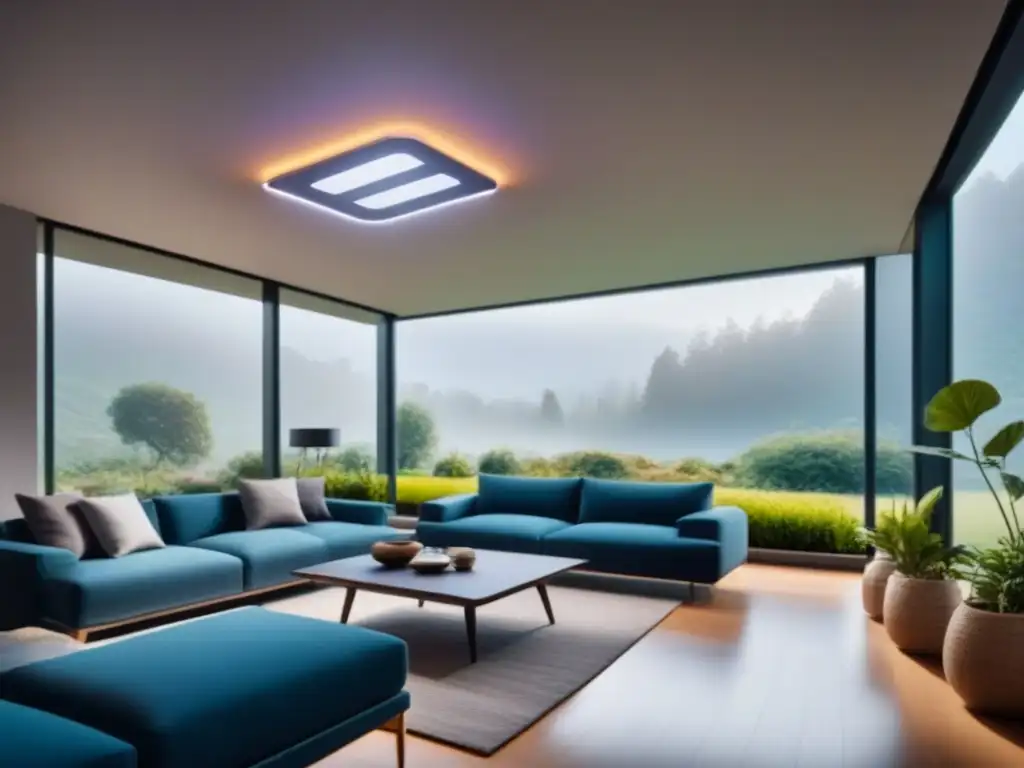 Smart home del futuro: tecnología AI, eficiencia y sostenibilidad Una casa futurista con tecnología de Inteligencia Artificial y sistemas automatizados, integrando eficiencia y sostenibilidad en el hogar