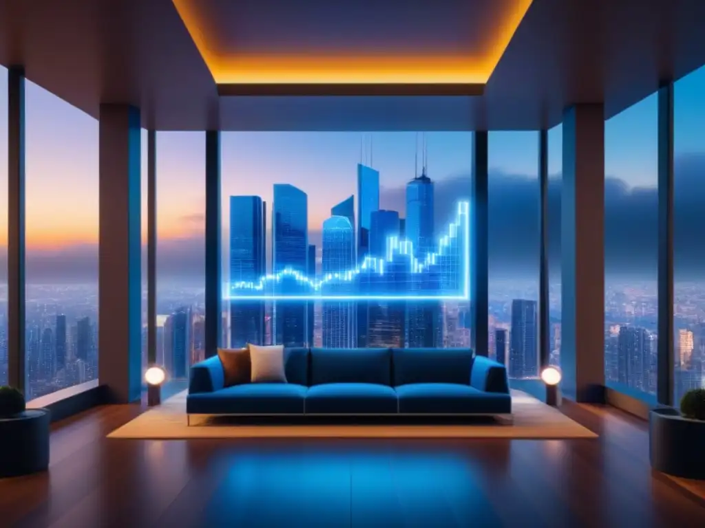 Casa transparente futurista: éxito financiero en la ciudad Casa futurista transparente con gráficos financieros y ciudad de fondo