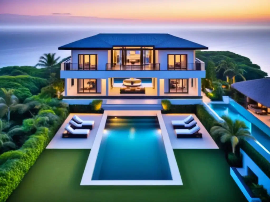 Residencia de lujo frente al mar: arquitectura moderna en entorno natural Casa de lujo frente al mar con arquitectura moderna y jardines exuberantes, ideal para créditos hipotecarios propiedades lujo