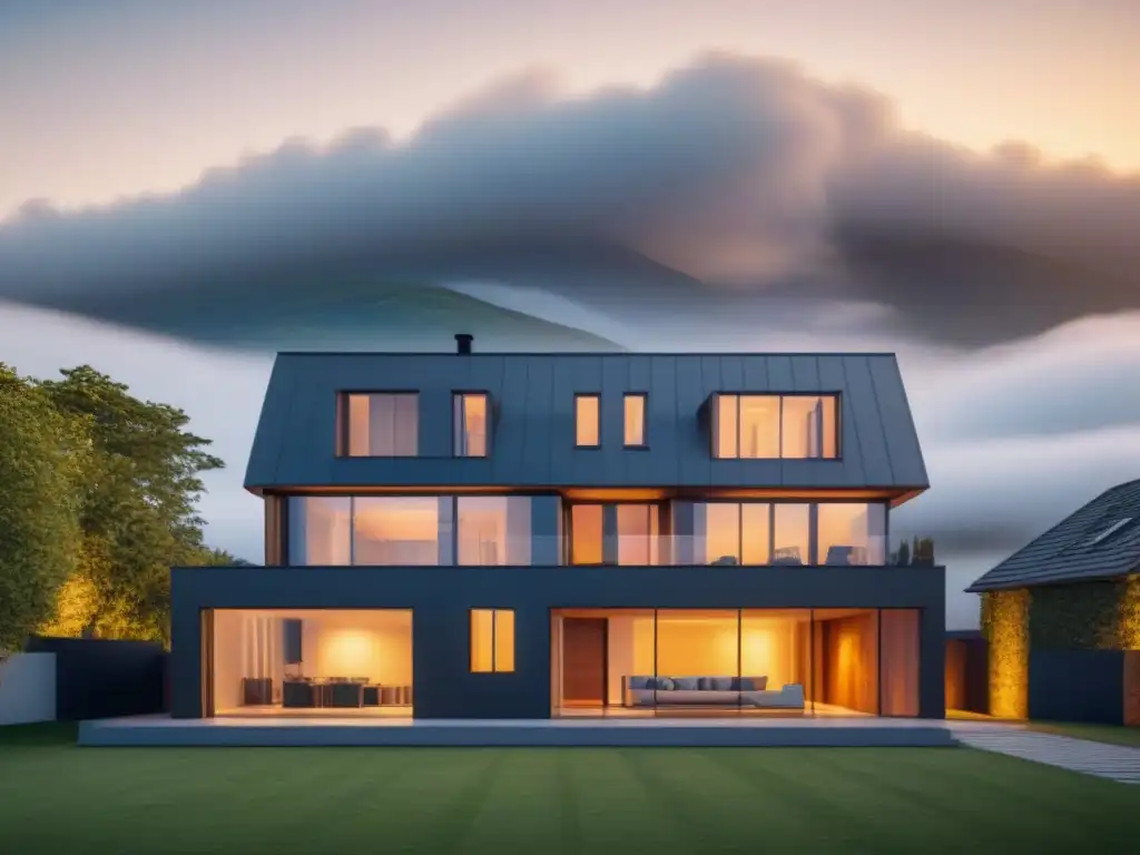 Inversión inteligente: Casa moderna con gráfico financiero exitoso Una casa moderna con gráfico financiero exitoso, representando financiamiento de segunda vivienda
