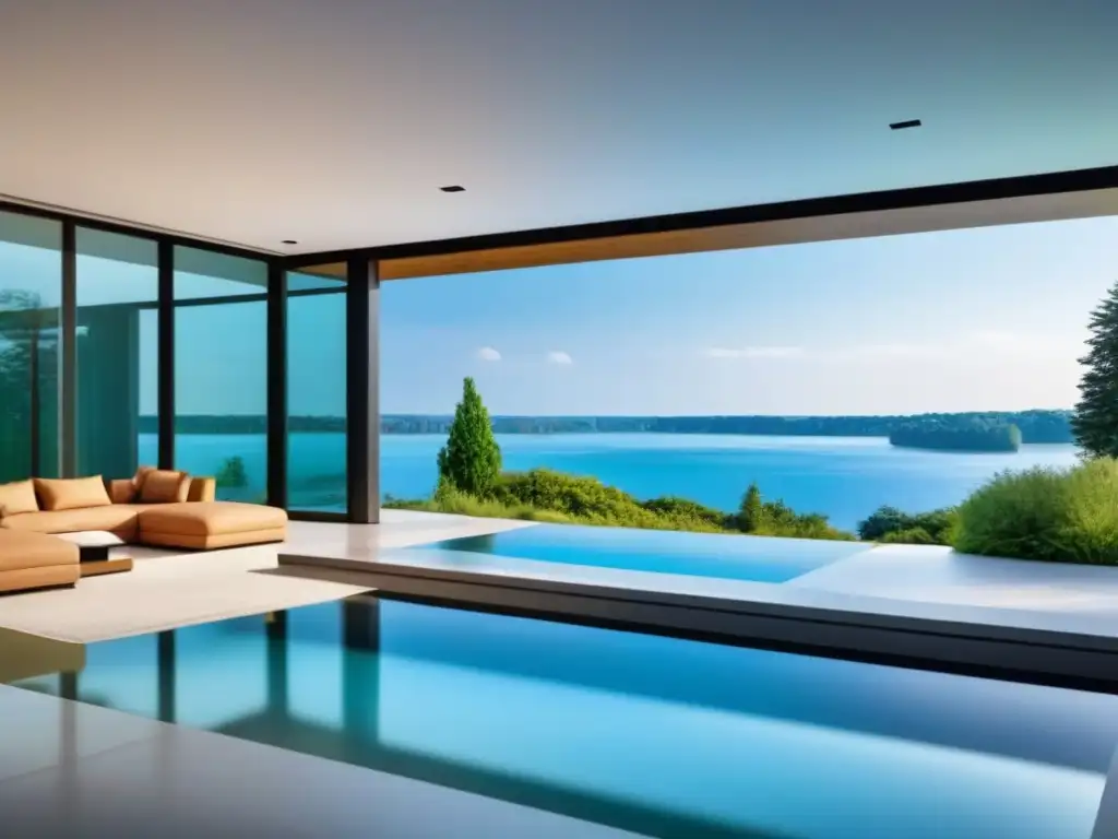 Casa de lujo con vista al lago y diseño contemporáneo Una casa moderna de lujo con grandes ventanas con vista a un lago sereno, rodeada de exuberante vegetación y un cielo azul