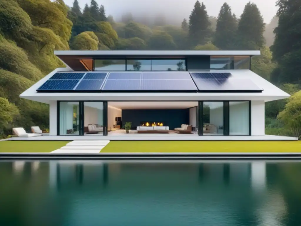 Casa sostenible de diseño ultramoderno en entorno natural Casa sostenible ultramoderna con diseño arquitectónico elegante, paneles solares y jardín verde en la azotea