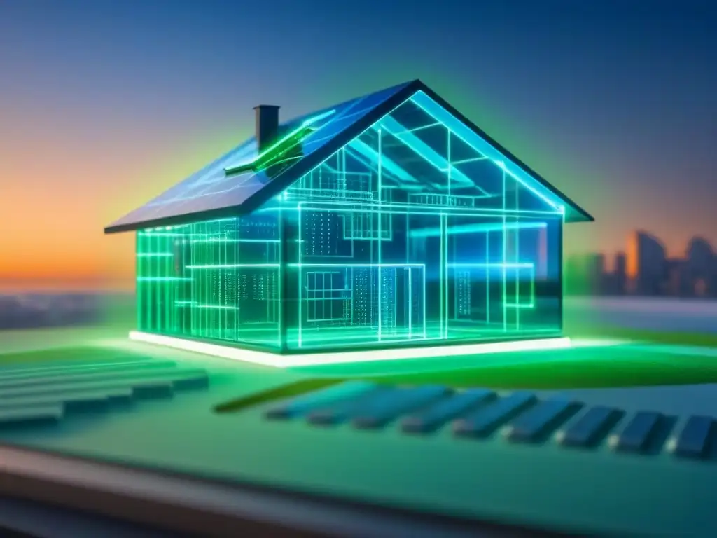 Vivienda transparente del futuro: hipotecas basadas en ingresos Una casa transparente con patrones de circuitos, rodeada de gráficos financieros brillantes