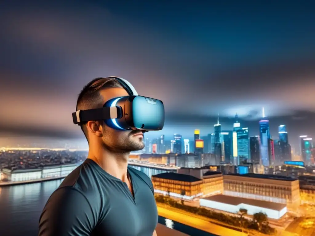 Realidad virtual futurista: visor con ciudad digital Un casco VR futurista refleja una ciudad digital vibrante, destacando la visualización de propiedades con IA