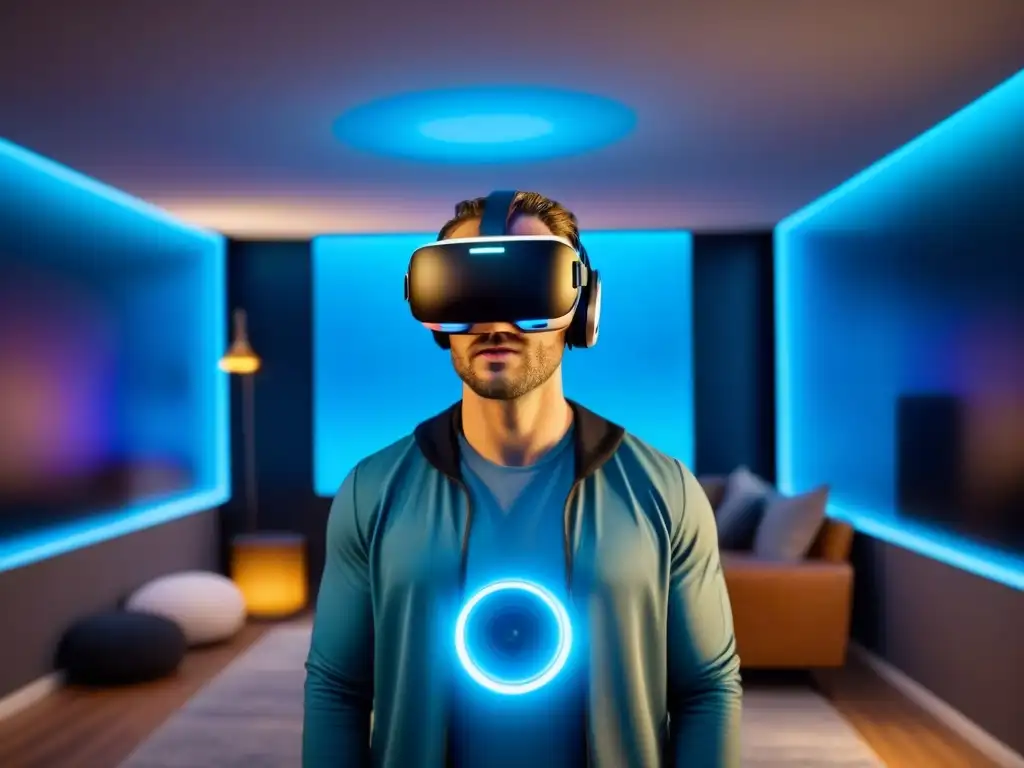 Realidad virtual inmobiliaria futurista: casas y oficinas en hologramas Un casco de realidad virtual futurista en el aire con propiedades holográficas