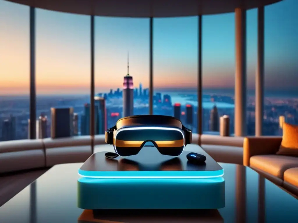 Realidad virtual de lujo: experiencia inmersiva en apartamento de diseño Un casco de Realidad Virtual de lujo sobre una mesa de vidrio futurista, con un elegante apartamento virtual de fondo