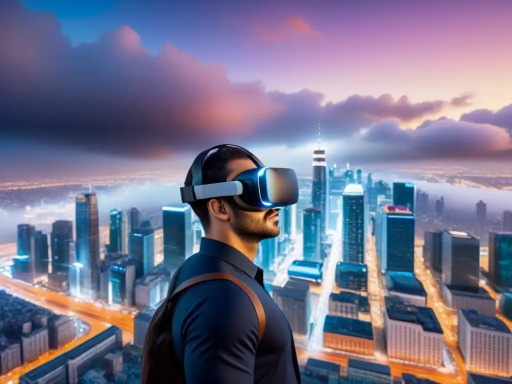 Realidad virtual hightech sobre la ciudad Un casco de realidad virtual moderno suspendido sobre la ciudad