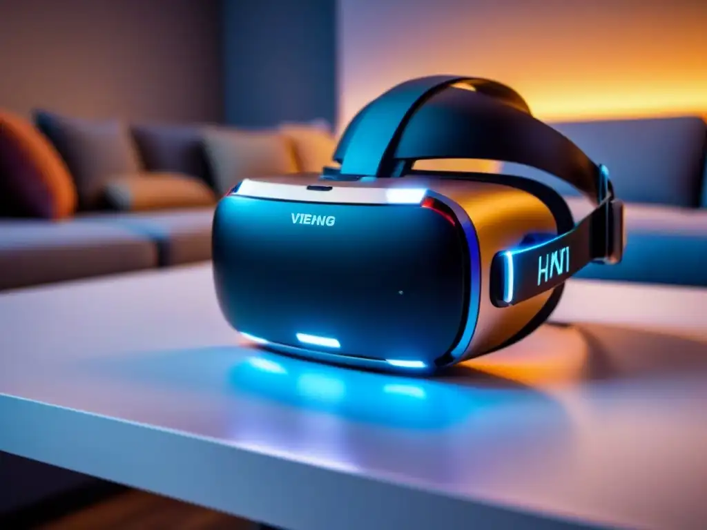 Realidad virtual: diseño moderno en detalle Un casco de realidad virtual moderno sobre mesa futurista, simbolizando seguridad en visitas virtuales inmobiliarias