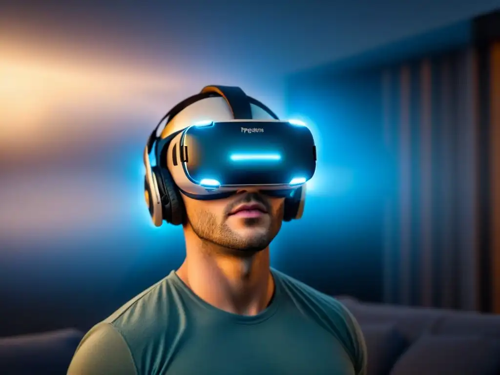 Realidad virtual inmersiva: tour 3D de propiedad de lujo Un casco de realidad virtual moderno muestra una lista de propiedades de alta resolución y detallada, con diseño interior inmersivo y recorridos en 3D