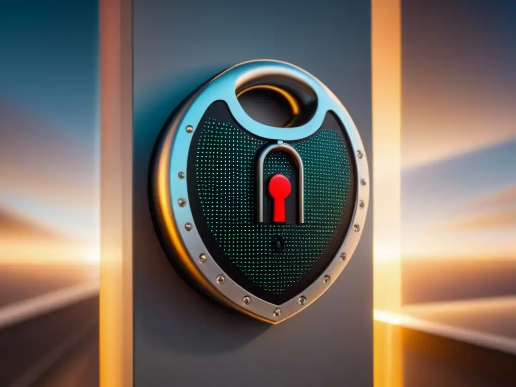Seguridad digital avanzada para inversiones inmobiliarias Un cautivador collage digital de un candado futurista protegiendo una cartera de inversiones inmobiliarias virtuales, con patrones de código binario entrelazados con un símbolo de escudo, simbolizando medidas avanzadas de protección de datos en la industria de financiamiento inmobiliario