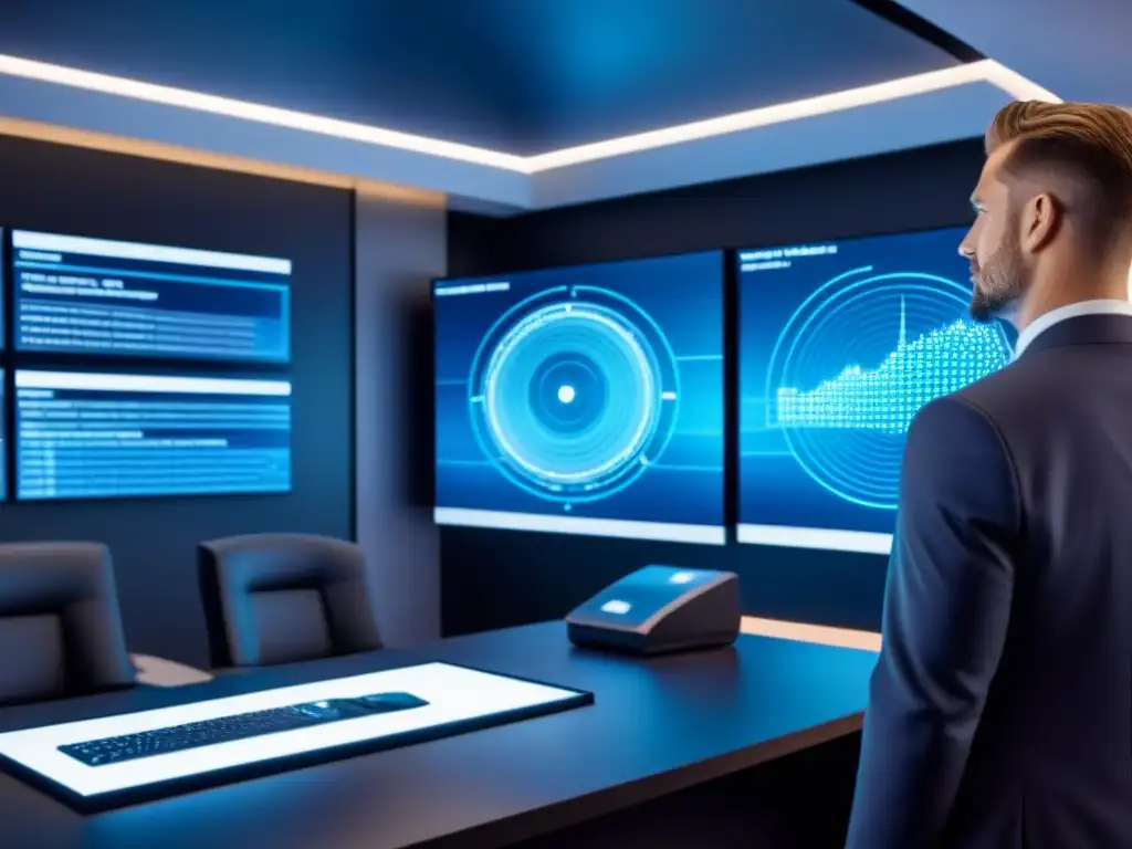Centro de ciberseguridad futurista para inversores inmobiliarios Un centro de ciberseguridad futurista para inversores inmobiliarios: tecnología avanzada y equipo diverso discutiendo protocolos de seguridad