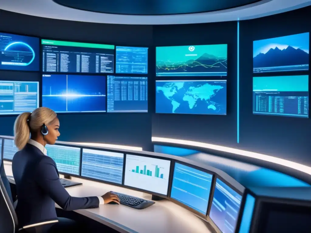 Centro de ciberseguridad futurista: monitoreo en tiempo real Un centro de control de ciberseguridad futurista con tecnología avanzada y un equipo diverso monitoreando datos en tiempo real