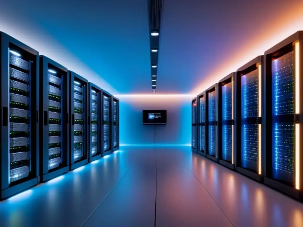 Data center futurista con avanzadas medidas de seguridad Un centro de datos futurista y seguro para inversores inmobiliarios, con tecnología avanzada y luces brillantes