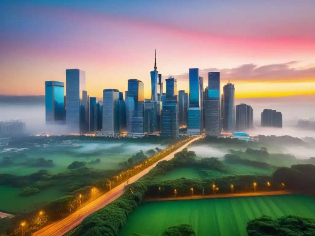 Esplendor urbano: ciudad emergente con rascacielos al atardecer Un centro urbano vibrante con rascacielos iluminados por el atardecer, calles llenas de vida y un fondo de colinas verdes