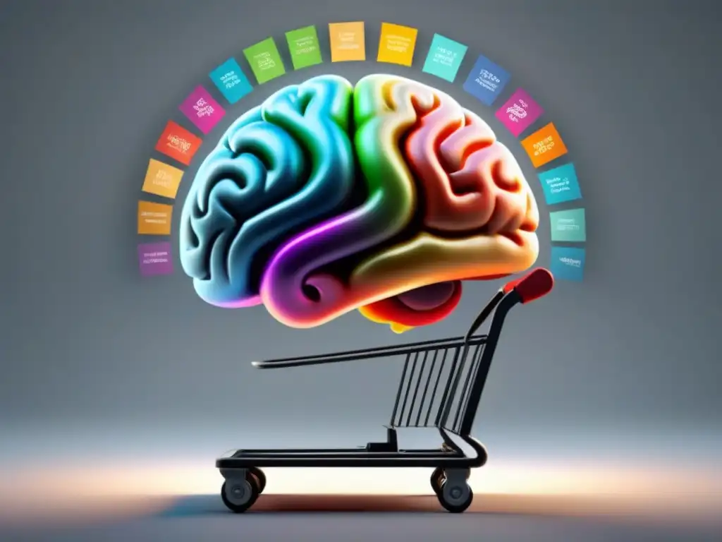 Brainstorm de emociones en compras Un cerebro moderno con emociones alegres y carritos de compra, destacando la importancia emocional en la decisión de compra