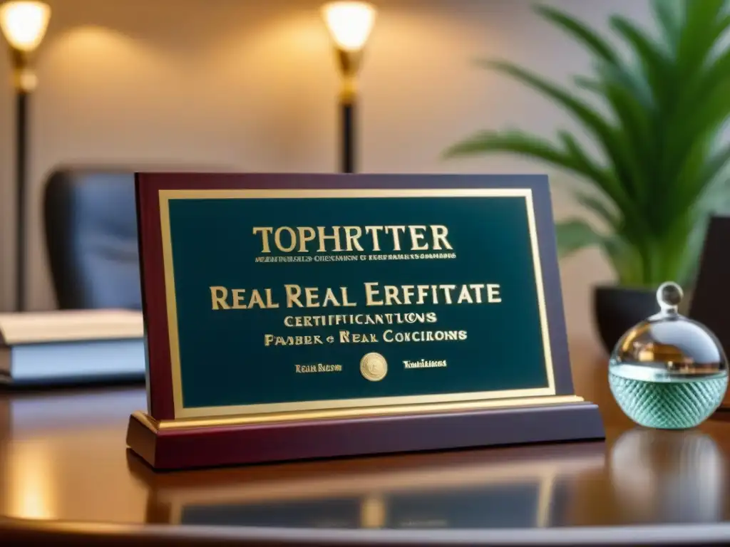 Plaqueta de certificación inmobiliaria de lujo en oficina exclusiva Certificación de bienes raíces en un elegante y lujoso escritorio, resaltando la importancia de las certificaciones en el sector inmobiliario