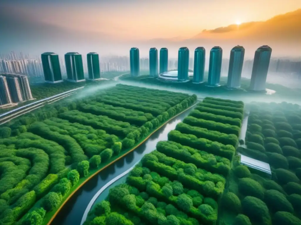 Avances inmobiliarios futuristas: Certificaciones innovadoras Certificaciones bienes raíces en auge: Ciudad futurista con rascacielos innovadores y energías sostenibles