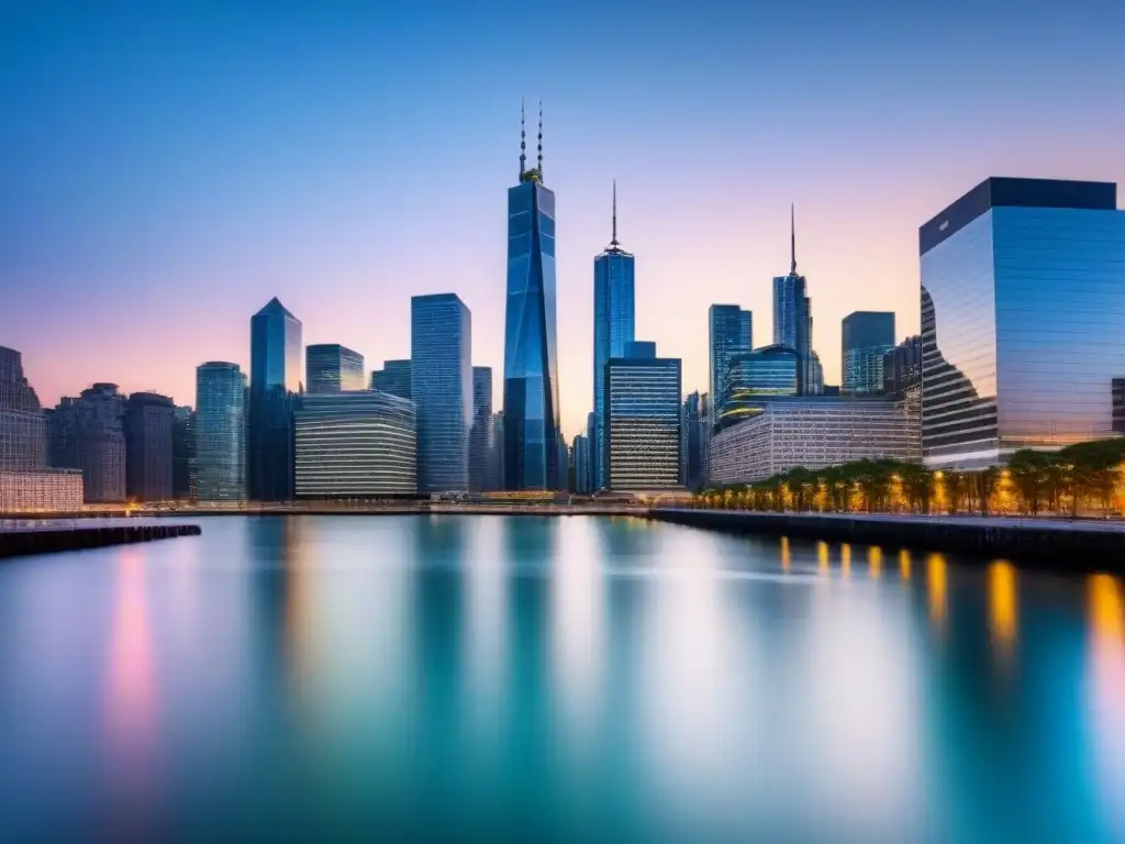 Skyline financiero: modernidad y éxito en 8K Invierte en certificaciones financieras inmobiliarias con este distrito financiero moderno al atardecer reflejado en un río