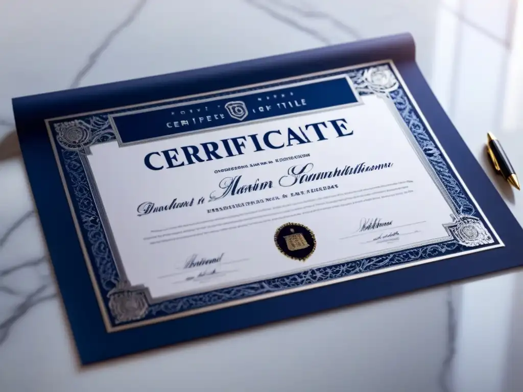 Certificado de propiedad: detallado y elegante en mármol Certificado de seguros de título de propiedad moderno en mesa de mármol, con holografía y tipografía elegante en azul y plata