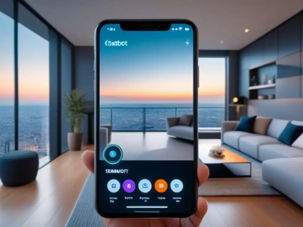 Chatbot de lujo en tour virtual de un apartamento moderno Chatbot inmobiliario en acción, mostrando beneficios de usar chatbots inmobiliarios en un lujoso apartamento moderno