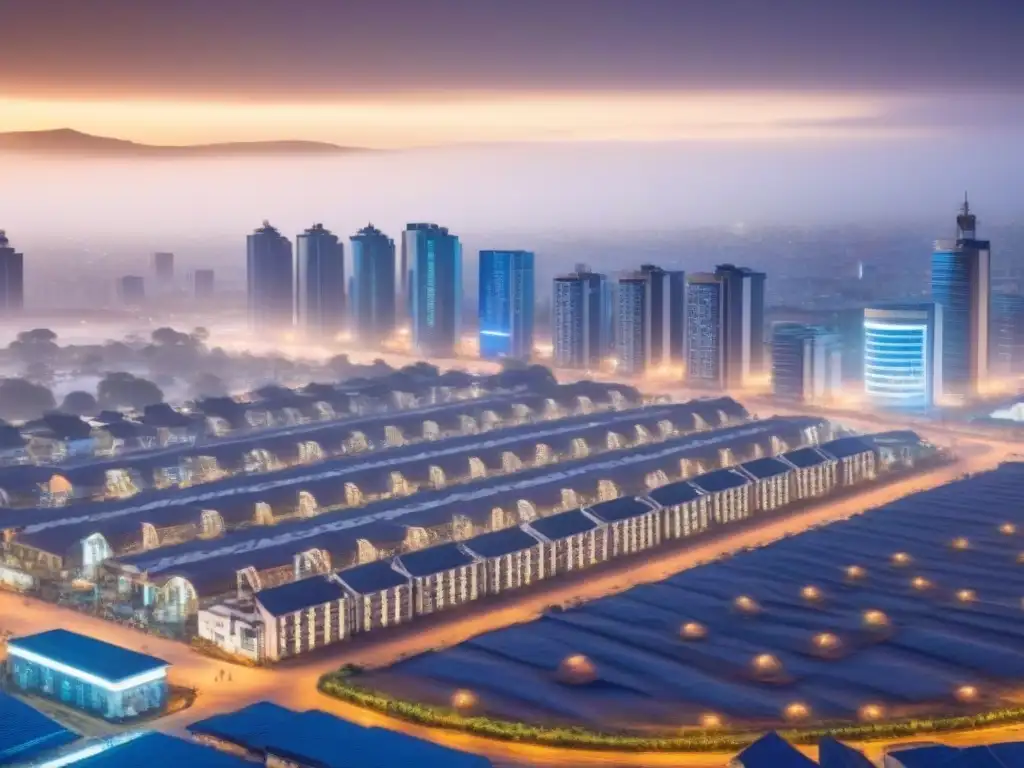 Horizonte africano futurista: real estate en crecimiento Una ciudad africana futurista al anochecer, mezclando arquitectura tradicional con moderna