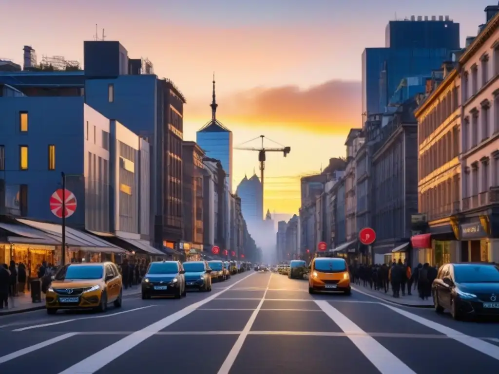 Contraste urbano: arquitectura histórica y moderna se fusionan al atardecer Una ciudad bulliciosa al anochecer, con arquitectura histórica y modernos rascacielos