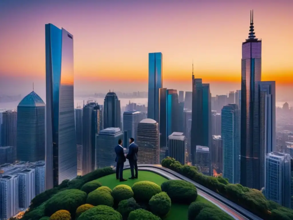 Horizonte urbano al atardecer: símbolo de crecimiento y oportunidad Una ciudad bulliciosa al atardecer, con rascacielos modernos y un cielo cálido