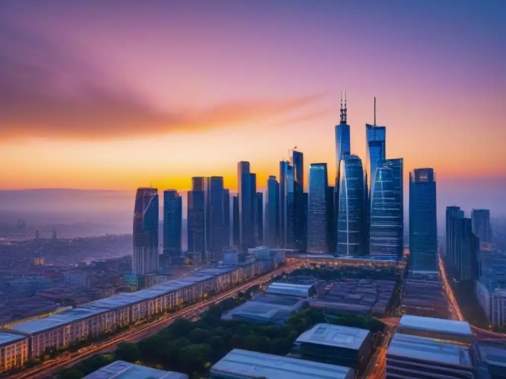 Horizonte urbano al atardecer: reflejos de modernidad y prosperidad Una ciudad bulliciosa al atardecer, con rascacielos modernos y tráfico