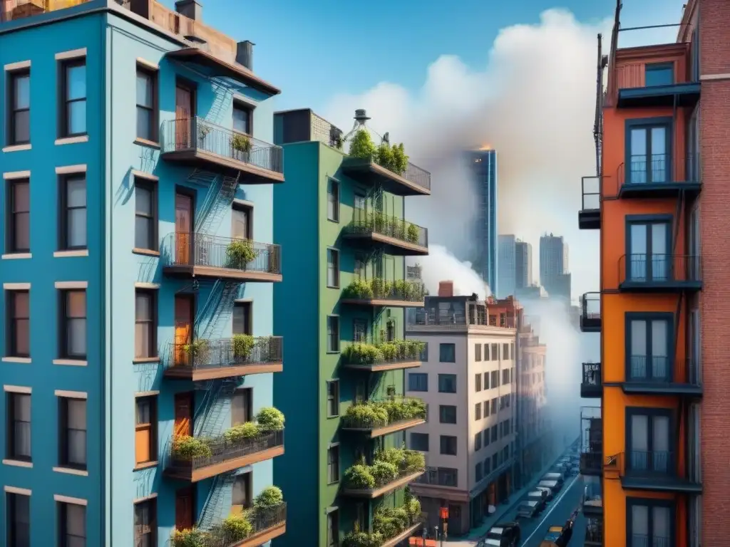 Cityscape seguro: ilustración detallada de edificios con medidas de protección Una ciudad bulliciosa con edificios equipados con medidas de seguridad, bajo un cielo azul claro