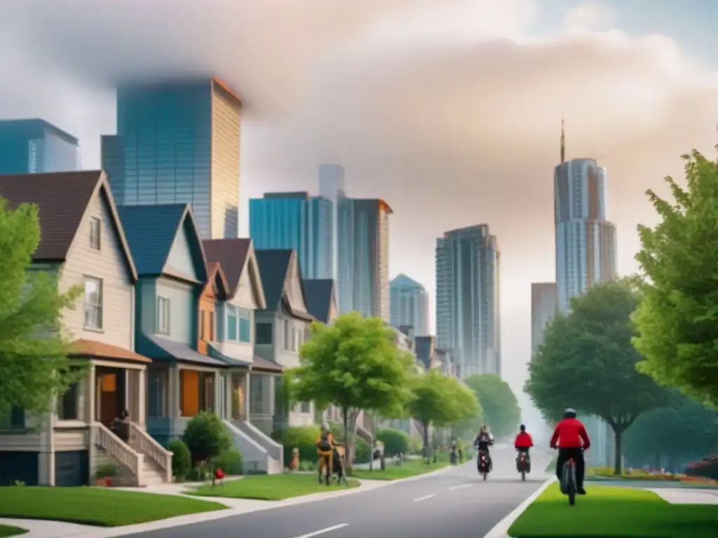 Contrastes urbanos y suburbanos para Millennials Una ciudad bulliciosa con rascacielos modernos contrasta con un barrio suburbano tranquilo