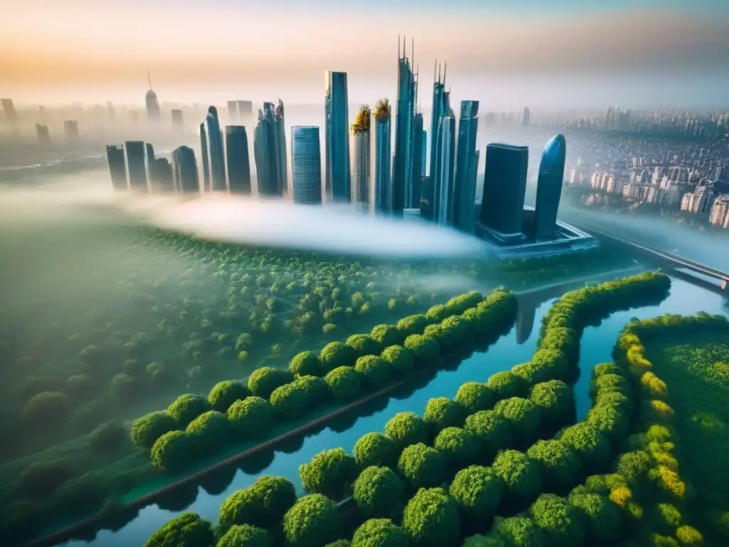 Horizonte urbano vibrante: arquitectura futurista y espacios verdes Una ciudad bulliciosa con rascacielos modernos y espacios verdes, simbolizando el crecimiento y progreso en el desarrollo comercial